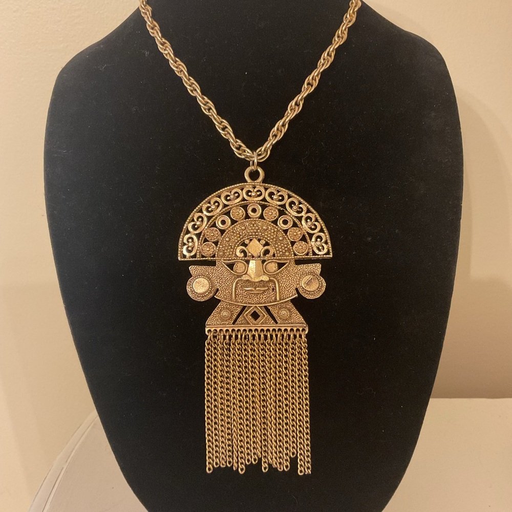 #23 Vintage Goldtone Chunky Runway Aztec Long Cascade Tassel Pendant Necklace